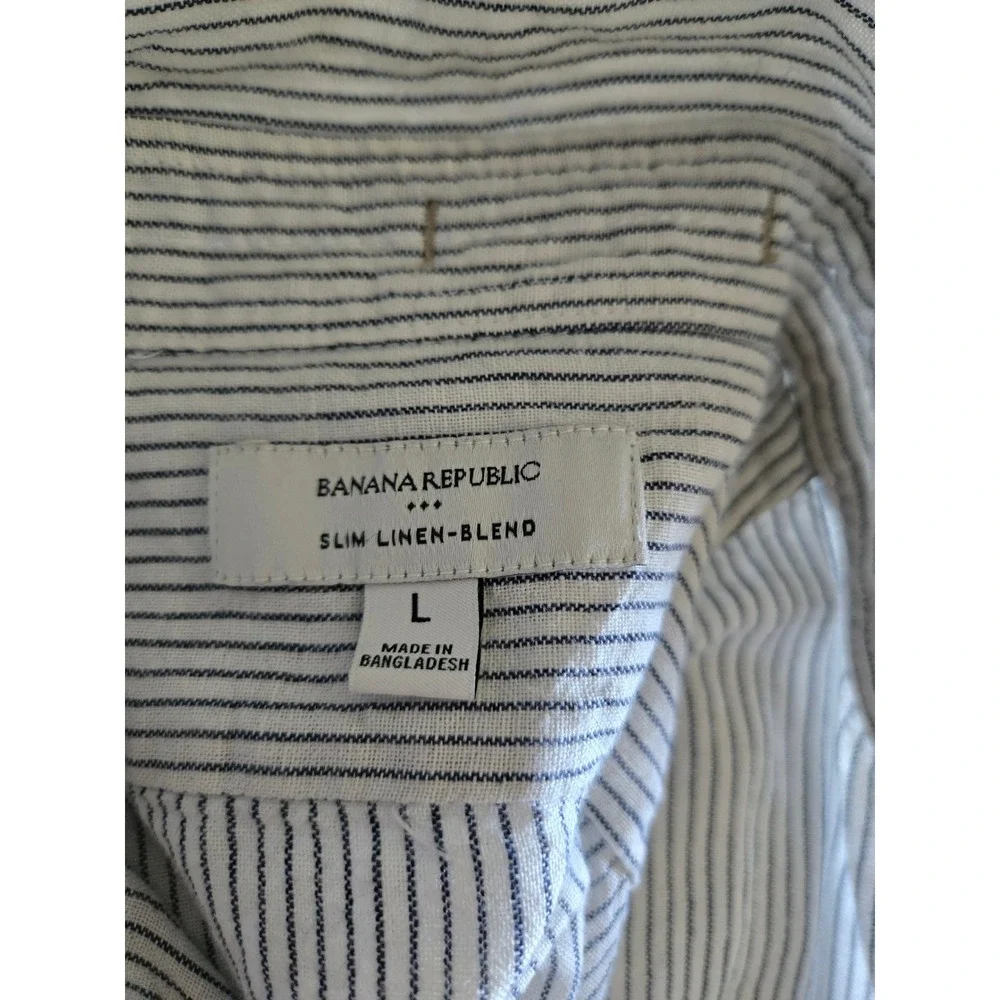 Banana Republic Mens L Slim Linen Blend Striped‎ Long Sleeve Shirt Gray White